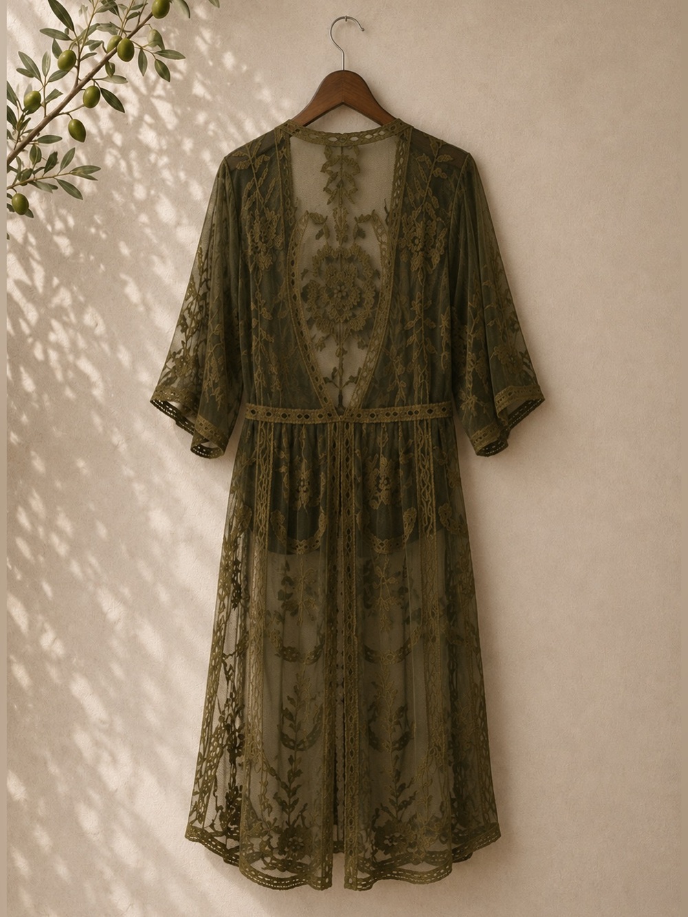 Sheer Olive Green Lace Swim Coverup Kimono | Small